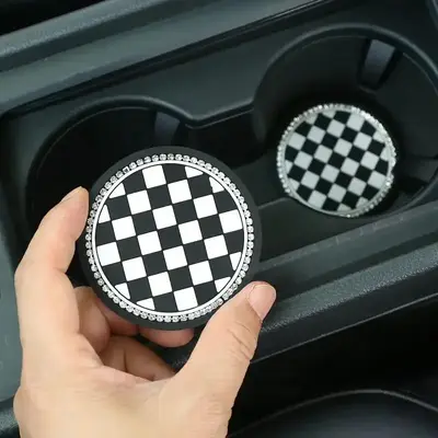 Checkerboard Pattern Car Coaster, 2 Counts Rhinestone Decor Car Cup Holder Coaster, Universal Car Interior Accessories for Wo...