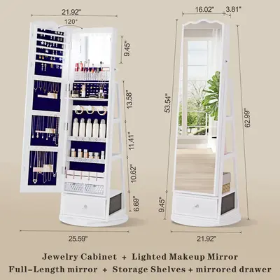 Miu Standing Full-Length Mirror with Jewelry Storage Armoire Box Organizer, 3-in-1 LED Lights, 360° Rotating Cabinet Decor M...