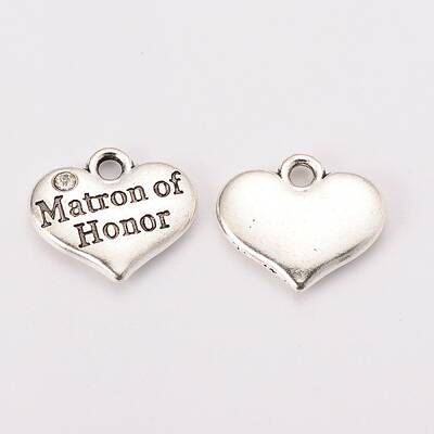 Wedding Theme Antique Silver Tone Tibetan Style Heart with Matron of Honor Rhinestone Charms