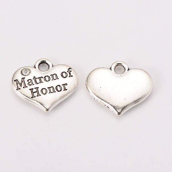 Wedding Theme Antique Silver Tone Tibetan Style Heart with Matron of Honor Rhinestone Charms