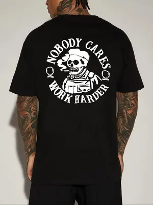 Men's Letter & Skull Print Round Neck Tee, Regular Fit Casual Short Sleeve Crew Neck T-shirt for Daily Wear, Comfy Knitting T...