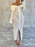 Women's Plain Longsleeves Bodycon Dress, Elegant Long Sleeve One Shoulder Long Dress for Party Club Dating Wear, Ladies Cloth...