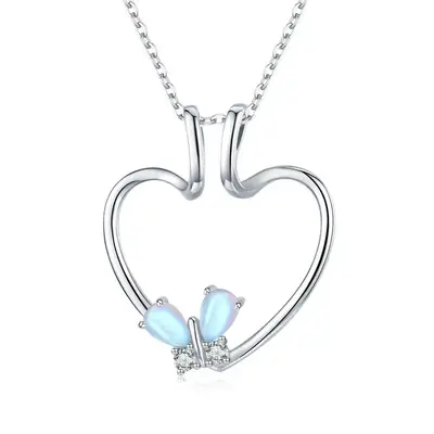 Sterling Silver Moonstone Butterfly & Heart Pendant Necklace