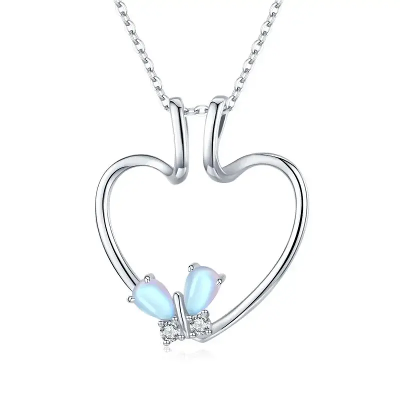 Sterling Silver Moonstone Butterfly & Heart Pendant Necklace