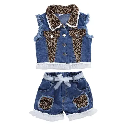 Toddler Girl Denim Leopard Patchwork Summer Clothes Baby Sleeveless Vest Coat Top Lace Belt Denim Shorts Pants Jeans 2Pcs Out...
