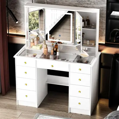 FUFU&GAGA 43.3W Large Vanity Desk With 9 Drawers, With 3-Mirror & Touch Screen Lights, Modern Makeup Vanity Table for Bedro...
