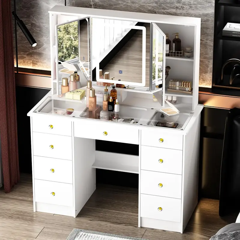 FUFU&GAGA 43.3W Large Vanity Desk With 9 Drawers, With 3-Mirror & Touch Screen Lights, Modern Makeup Vanity Table for Bedro...