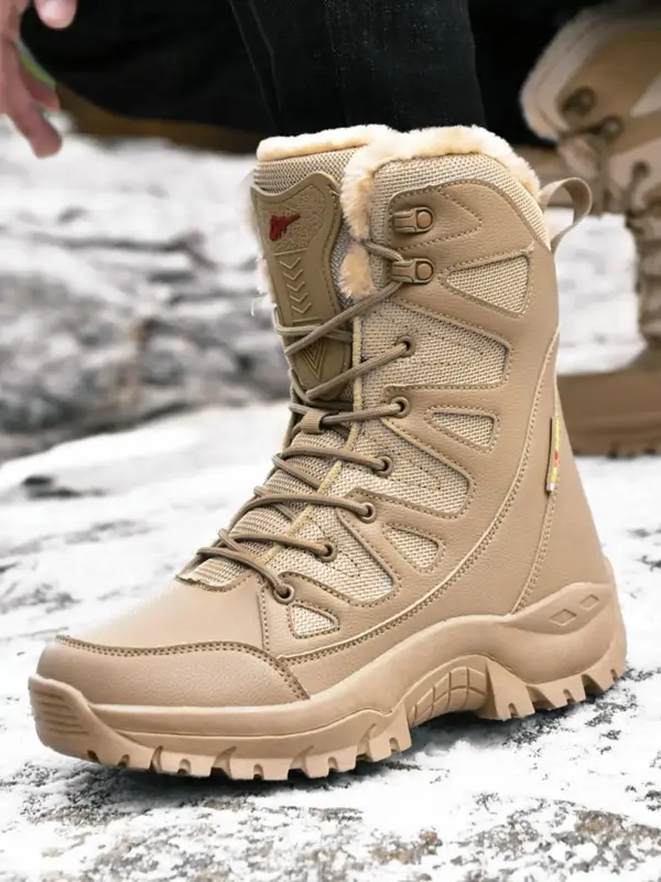 Men's Casual Plain Plush Lining Snow Boots, Warm Comfortable Lace Up Mid-Calf Boots for Fall & Winter, Male All-match Round T...