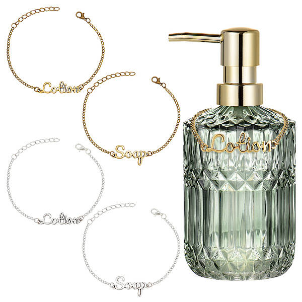 OLYCRAFT 4 Pcs Lotion and Soap Dispenser Chain Labels Tags Silver & Golden Soap and Lotion Bottle Tags for Farmhouse