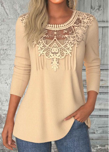 Modlily Light Camel Patchwork Long Sleeve Round Neck T Shirt - XXL