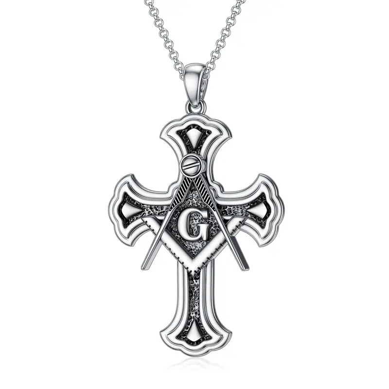 Sterling Silver Compass Cross Masonic Symbol Pendant Necklace For Men