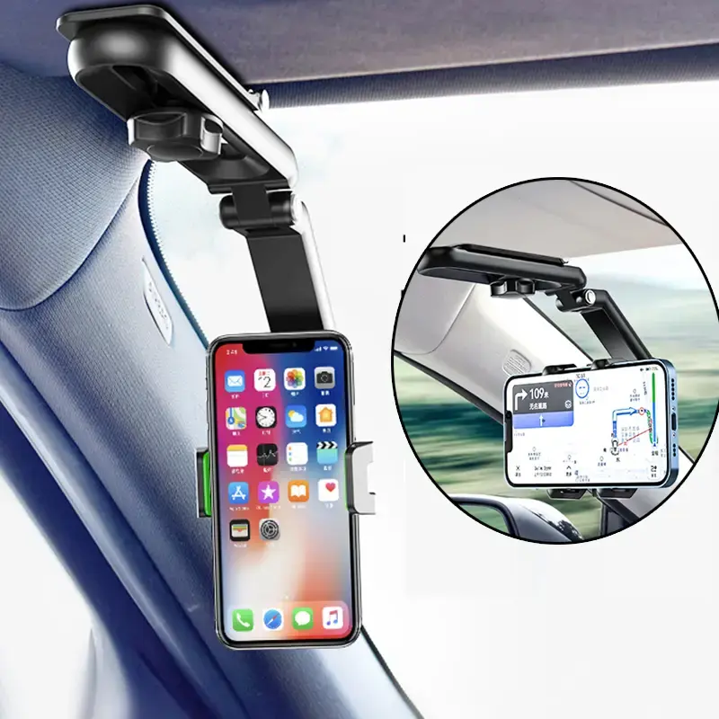 Car Phone Holder 360° Rotatable Visor Rearview Mirror Multifunctional
