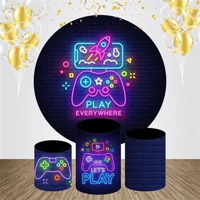 Circle Brick Wall Neon Games Birthday Backdrop Kit - Aperturee