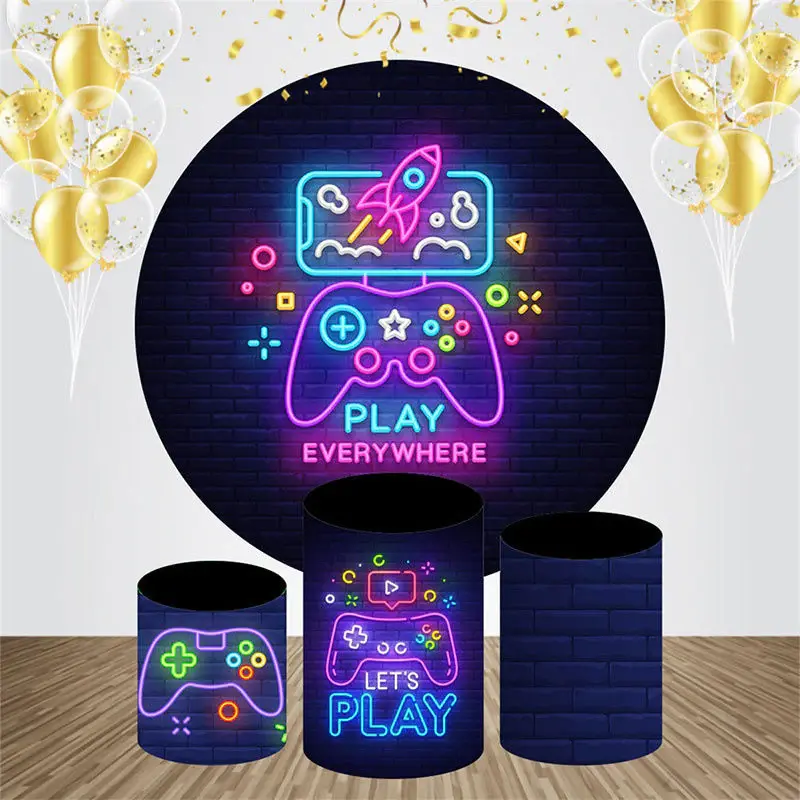 Circle Brick Wall Neon Games Birthday Backdrop Kit - Aperturee