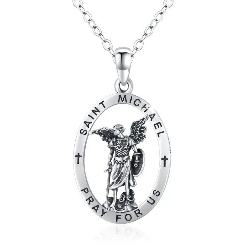 Sterling Silver Saint Michael Pendant Necklace with Cable Chain for Men