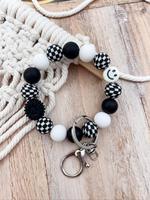 Boho Style Checkerboard Pattern Silicone Round Beaded Keychain, Cute Flower & Smile Face Charm Keychain, Fashion Accessorie...