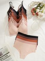 Women's Solid Color Bra & Panty Set, Soft Comfortable Breathable Wireless Push Up Bra & Panty Set, Underwear for Women, Linge...