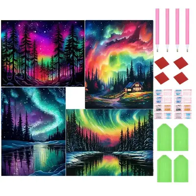 Aurora Landscape Pattern Diy Diamond Arts Colorful Painting Kit, 4 Counts/set Diy 5d Diamond Arts Painting Kit, Creative Craf...