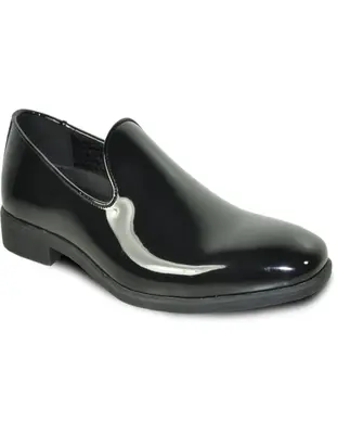 MENS CLASSIC PLAIN TOE SLIP ON PATENT LOAFER TUXEDO SHOE IN BLACK