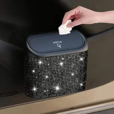 Artificial Rhinestone Decor Car Trash Can, Car Interior Hanging Storage Bin with Automatic Lid, Multifunctional Car Accessori...