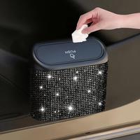 Artificial Rhinestone Decor Car Trash Can, Car Interior Hanging Storage Bin with Automatic Lid, Multifunctional Car Accessori...