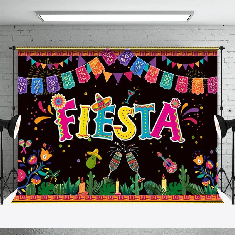 Mexican Fiesta Floral Stripes Flags Party Backdrop - Aperturee