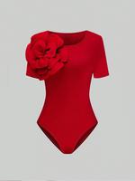 Women's Plain Floral Decor Crewneck Bodysuit, Basic Casual Short Sleeve Round Neck Bodysuit for Summer, Ladies Clothes for Da...