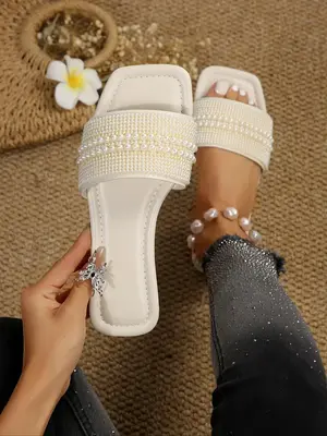 Women's Faux Pearl Decorated Flat Sandals for Women & Girls, Casual Versatile Luxury Design Square Toe Sandals for Beach Vaca...