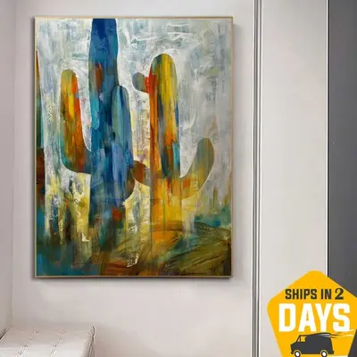 Colorful Cactus Paintings On Canvas Modern Artwork Abstract Nature Textured Oil Painting Wall Art Handmade Decor for Room | C...