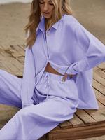 Two-piece Set Women's Solid Color Button Front Long Sleeve Shirt & Wide Leg Pants, Cute Casual Comfy Set for Daily Wear, Ladi...