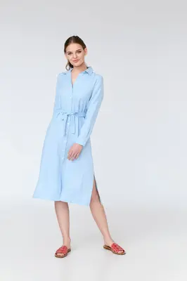 Aurora - long sleeve linen midi shirt dress | Size: S | Color: Azure