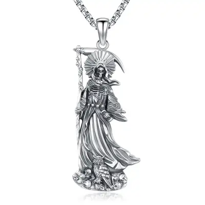 Santa Muerte Necklace 925 Sterling Silver Pendant Necklace, Grim Reaper Pendant, Mythology Jewelry Gift, Magic Wiccan Pagan A...