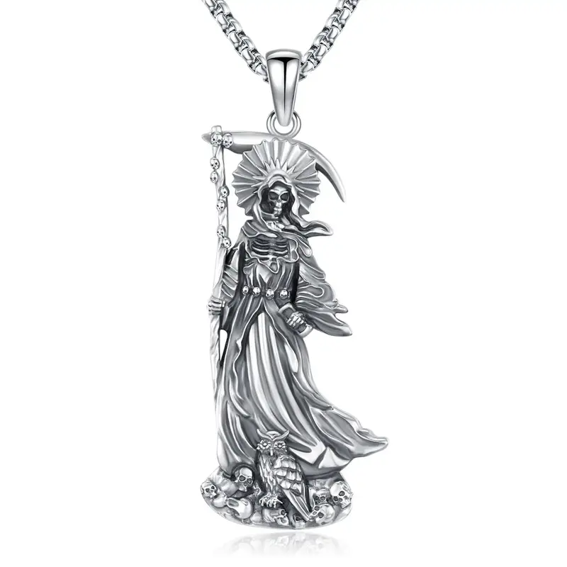Santa Muerte Necklace 925 Sterling Silver Pendant Necklace, Grim Reaper Pendant, Mythology Jewelry Gift, Magic Wiccan Pagan A...