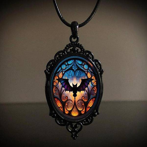 Oval Gothic Alloy Glass Halloween Pendant Necklaces for Women