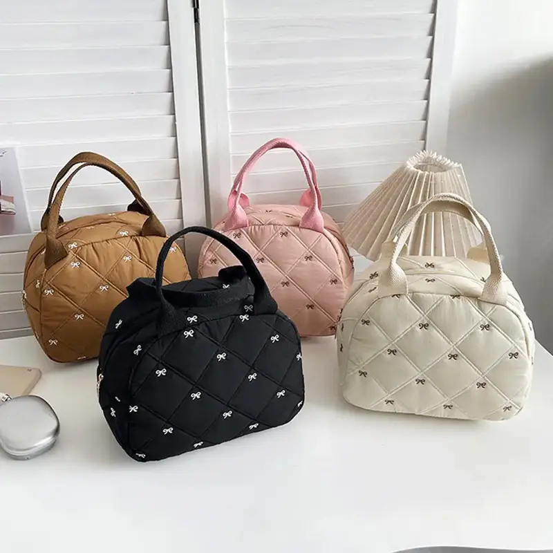 Stitching Embroidery Butterfly Knot Handbag Korean Style Soft Cotton Commuter Lunch Box Bag Student Handheld Bag Pouch