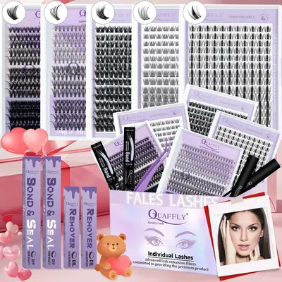 Mixed Length False Eyelashes with Bond & Seal & Remover & Tweezers, 1 Box Natural Look Eyelash Extensions, Cluster Lashes, Se...