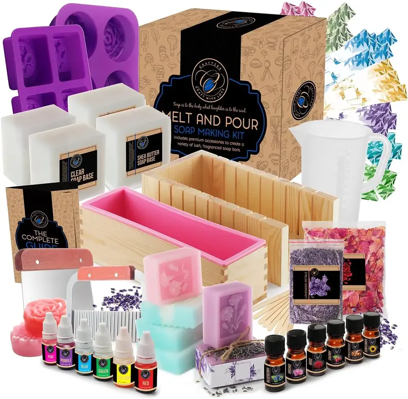 CraftZee Large Soap Making Kit with Shea Butter Soap Base, Cutter Box, Silicone Loaf Molds, Fragrances, Rose Petals, Instruct...