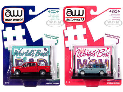 2018 Ford F-150 Pickup Truck Red and 1984 Dodge Caravan Minivan Blue Metallic Worlds Best Mom and Dad Set of 2 Pieces 1/64 Di...