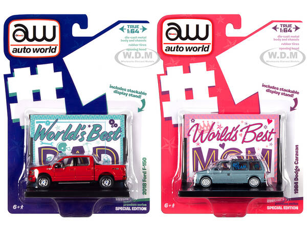 2018 Ford F-150 Pickup Truck Red and 1984 Dodge Caravan Minivan Blue Metallic Worlds Best Mom and Dad Set of 2 Pieces 1/64 Di...