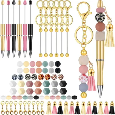 DIY Beading Kit, 49pcs/set Keychain Bead Making Kit, Including 2 Counts Golden Keychains, 4 Counts Bead Pens, 25pcs Silicone ...