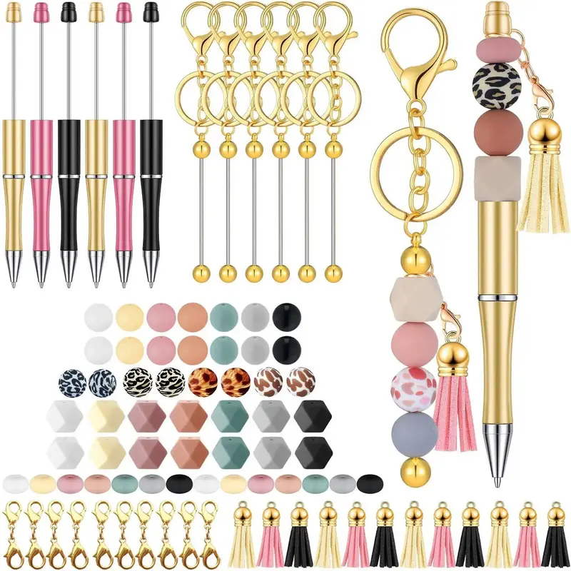 DIY Beading Kit, 49pcs/set Keychain Bead Making Kit, Including 2 Counts Golden Keychains, 4 Counts Bead Pens, 25pcs Silicone ...