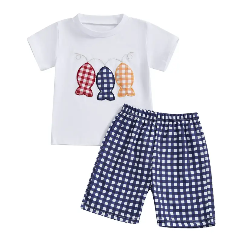 Boys Summer Shorts Sets Short Sleeve O Neck Fish Embroidery Tops and Plaid Shorts Sets
