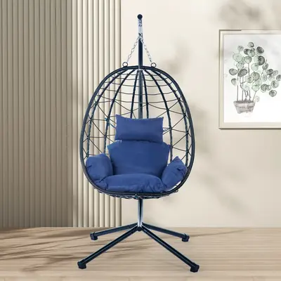 Hanging Egg Chair with Stand - Supports 350lbs, Indoor Outdoor Wicker Rattan Design with Grey Cushions - Ideal for Bedroom, B...