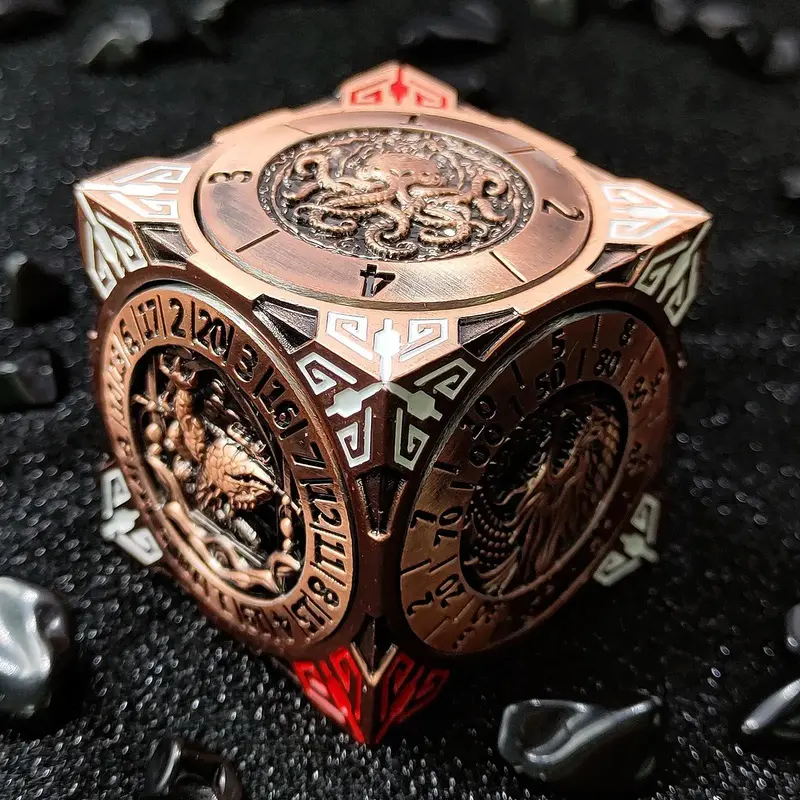YEMEKO  7-in-1 DND Dice Cube -Metal Spinner with Dragon Design Epic Gift for RPG Players Collectors Premium Quality Brass Ele...