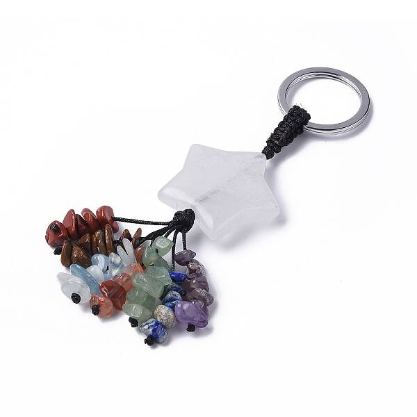Natural Quartz Crystal Star with Mixed Gemstone Chips Beaded Tassel Keychains
