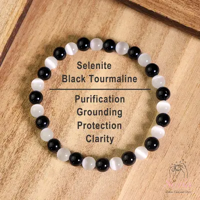 Empath Protection Bracelet 6mm Black Tourmaline Selenite Stone Stretch Healing Bracelet Boho Style for Daily Use Handmade Gif...