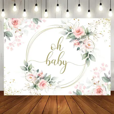 Aperturee Baby Pink Floral Green Leaves Baby Shower Backdrop