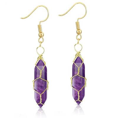 Amethyst Hexagon Handmade Copper Wire Wrapped Earrings Natural Stone Column Earrings