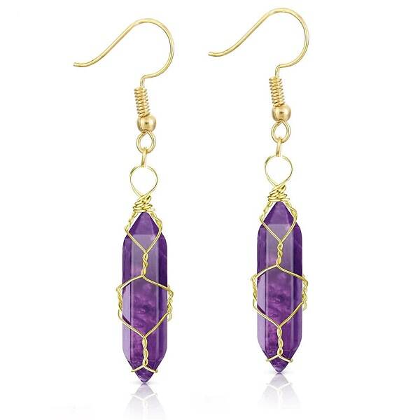 Amethyst Hexagon Handmade Copper Wire Wrapped Earrings Natural Stone Column Earrings