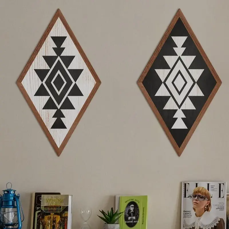 2pcs Farmhouse Geometric Pattern Wood Plaque, Aztec Style Wall Art Prints, Wooden Poster For Living Room Home Decor
